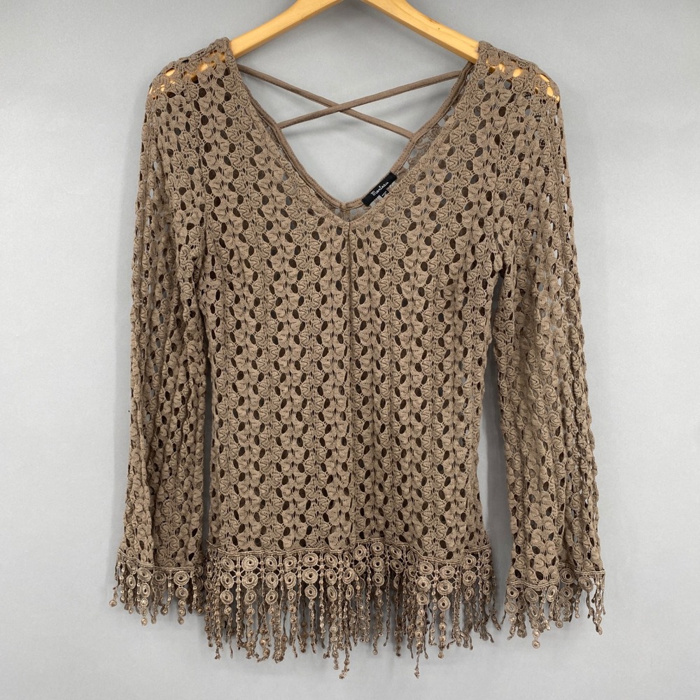 Forest Fairy Manteau Crochet Knit Fringe Top Womens Medium Taupe Boho‎ V-Neck